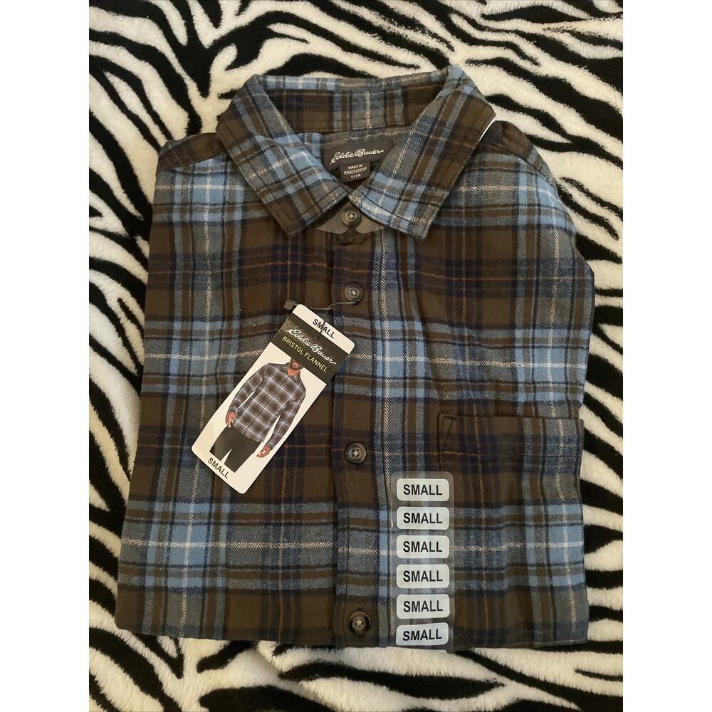Eddie Bauer Men's Shirt S Long Sleeve Button Up Flannel Bristol Plaid Shirt Blue